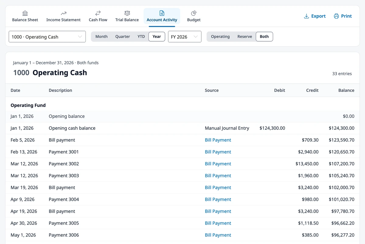 Account Activity for 1000 Operating Cash showing the opening balance, the opening cash entry, and bill payments with a running balance.