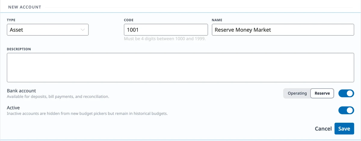 The New account form with type Asset, the name Reserve Money Market, and Bank account turned on with Reserve selected.