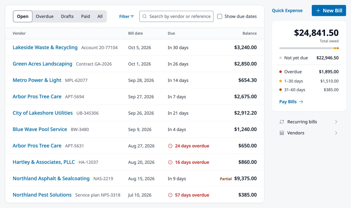 The Bills page with the Open tab selected, the list of open bills with due dates, and the summary card showing the total owed, overdue amounts, Pay Bills, Recurring bills, and Vendors.