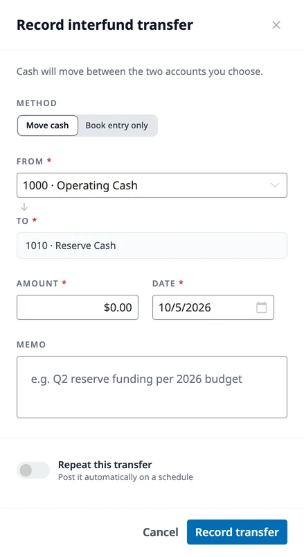 The Record interfund transfer panel with Move cash selected, from Operating Cash to Reserve Cash, and the Repeat this transfer switch.