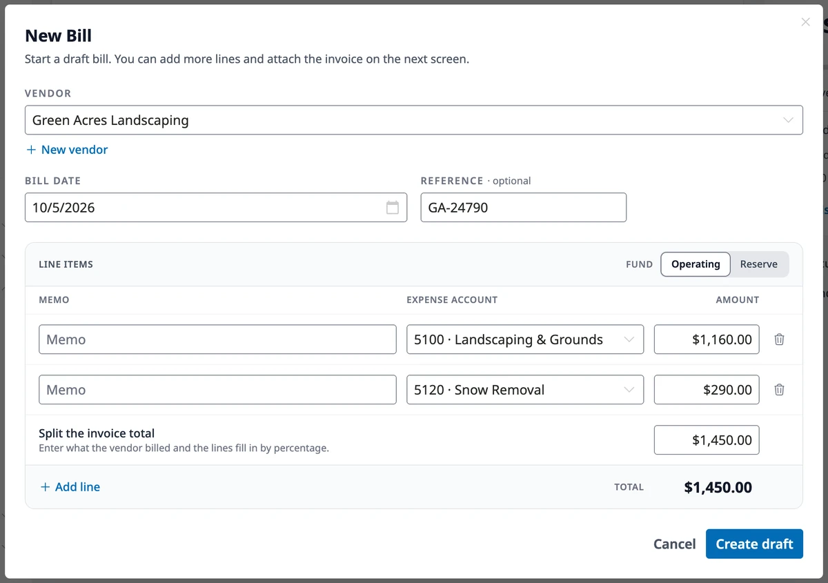 The New Bill dialog with Green Acres Landscaping selected and a $1,450.00 invoice total split across two expense lines.