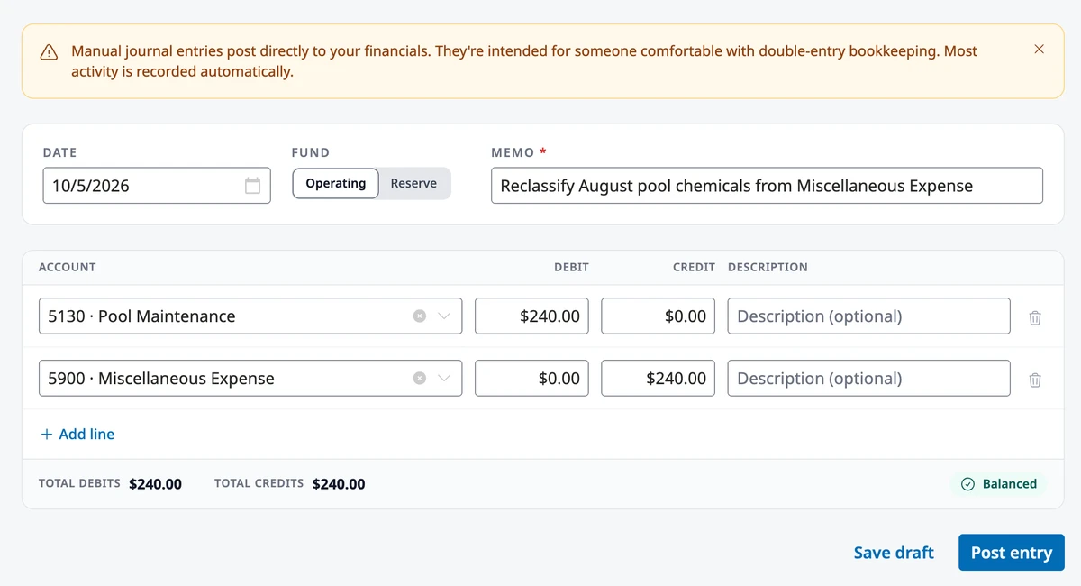 The New Journal Entry form with an Operating entry that moves $240.00 from Miscellaneous Expense to Pool Maintenance, marked Balanced.