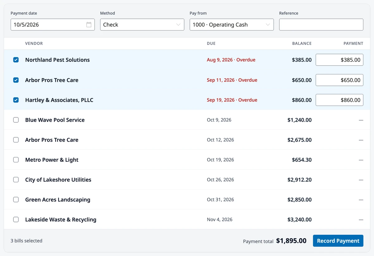 The Pay Bills screen with three overdue bills checked, their payment amounts filled in, and a payment total of $1,895.00.