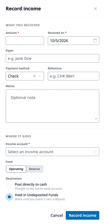 The Record income panel with What you received and Where it goes sections, and Hold in Undeposited Funds selected as the destination.