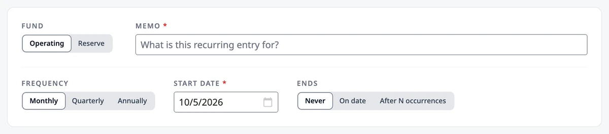 The schedule section of the New Recurring Journal Entry form showing fund, memo, frequency, start date, and when it ends.