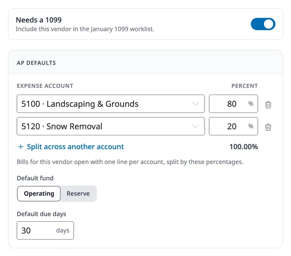 The AP defaults section of the vendor form, with Needs a 1099 turned on and the expense default split 80% to Landscaping & Grounds and 20% to Snow Removal.