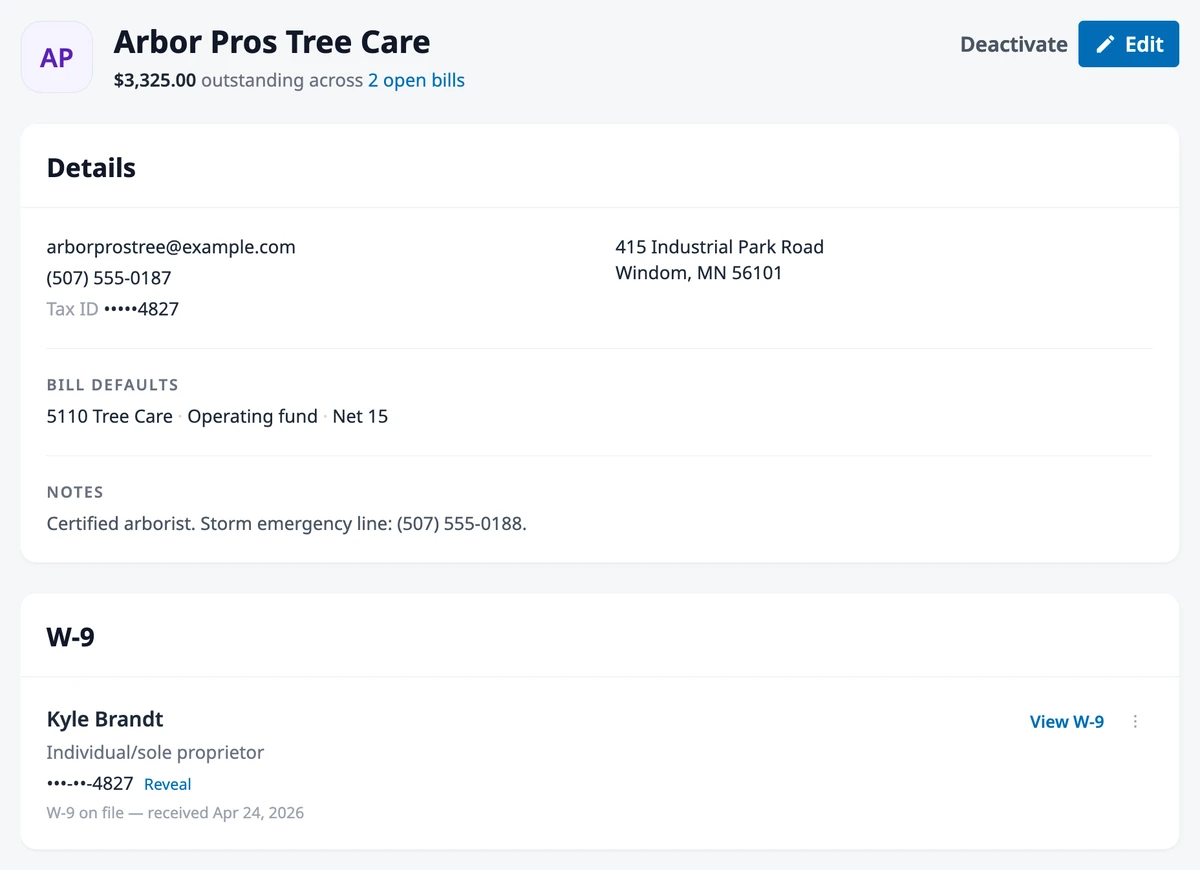 A vendor page showing the outstanding balance with a link to 2 open bills, the Details section with bill defaults, and the W-9 section with View W-9 and Reveal.
