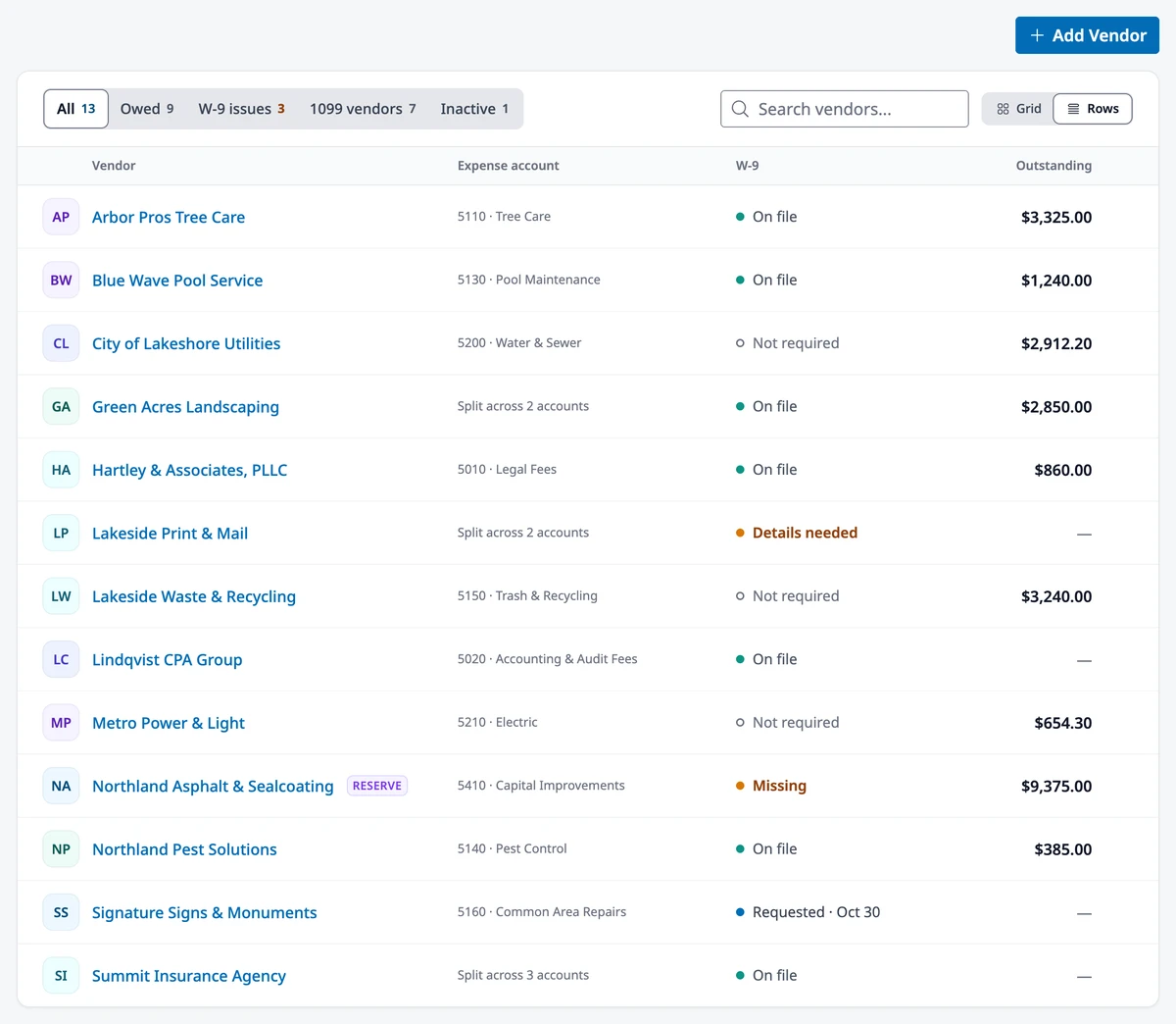 The Vendors list with the All, Owed, W-9 issues, 1099 vendors, and Inactive tabs, showing each vendor’s expense account, W-9 status, and outstanding balance.