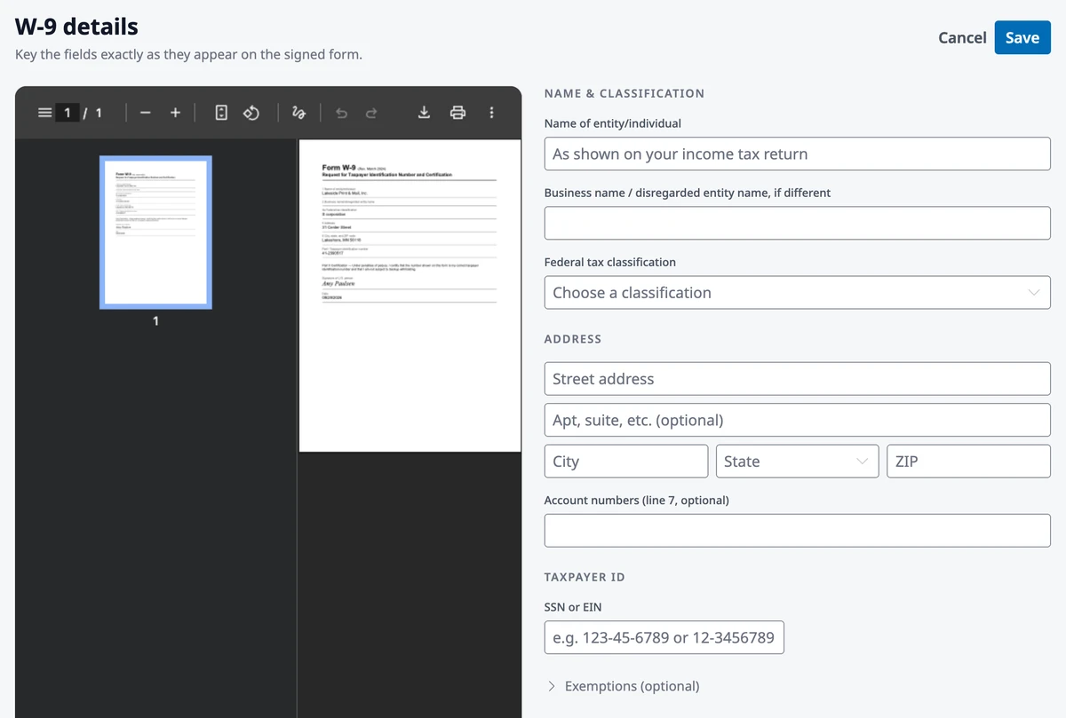 The W-9 details screen with the uploaded form on the left and the name, classification, address, and taxpayer ID fields on the right.