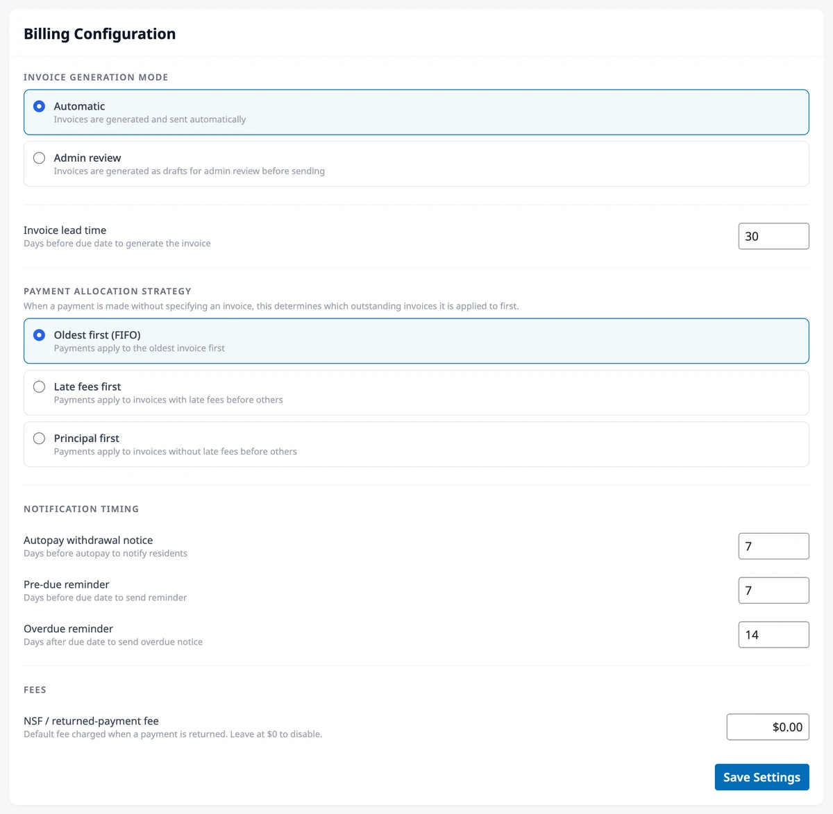 The Billing Configuration card, with the invoice generation mode, invoice lead time, payment allocation strategy, notification timing, NSF fee, and the Save Settings button.
