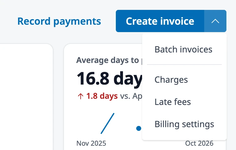 The Billing Dashboard with the menu next to Create invoice open, listing Batch invoices, Charges, Late fees, and Billing settings.