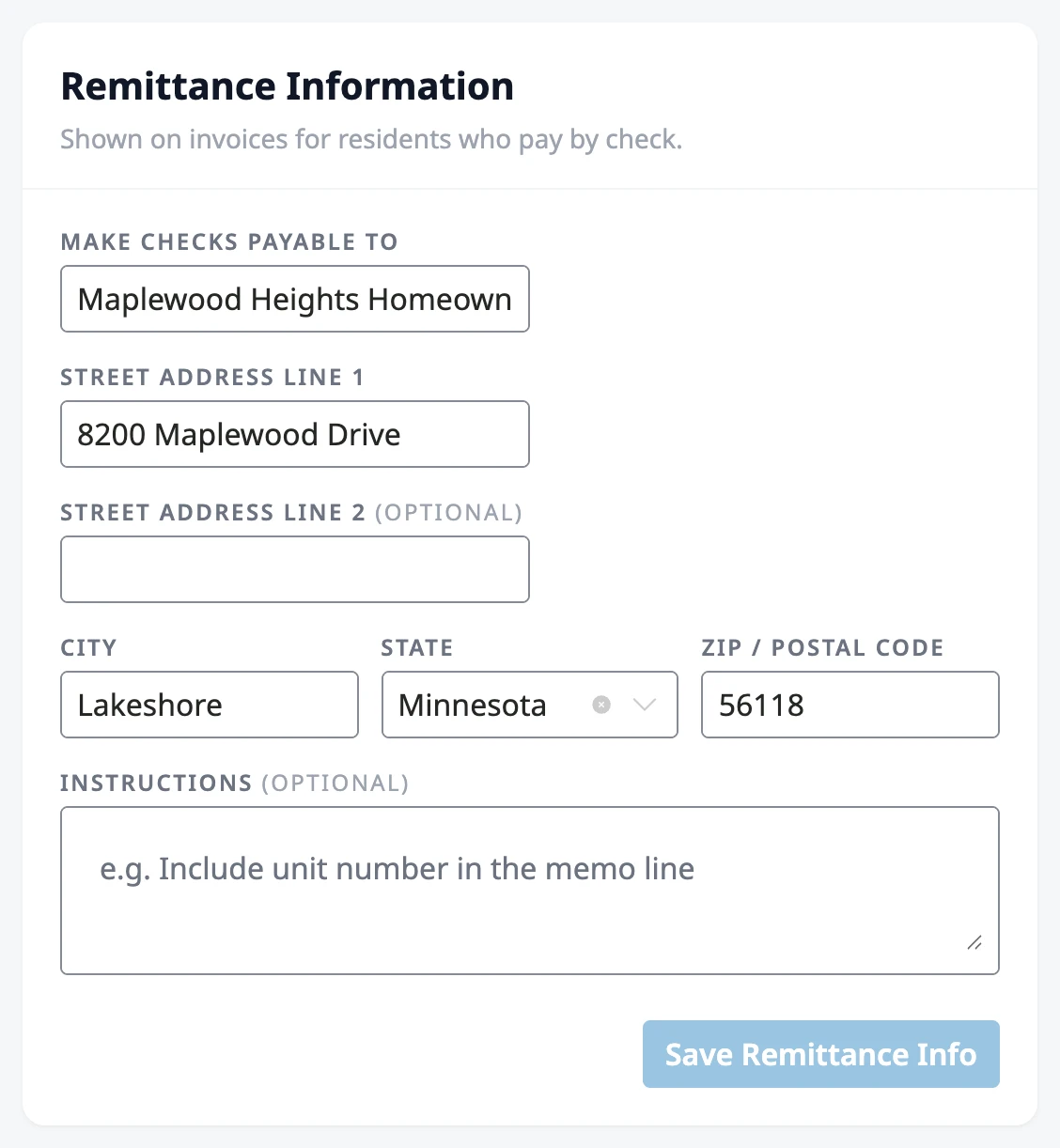 The Remittance Information card, with the payee, mailing address, optional instructions, and the Save Remittance Info button.