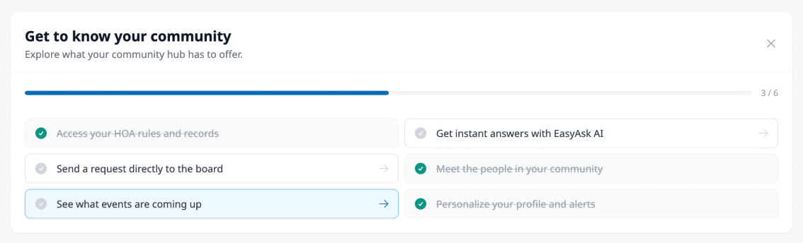 The Getting Started checklist showing 3 of 6 steps completed with a progress bar, checkmarks on completed steps, and a dismiss button.