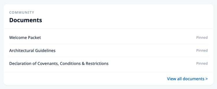 The Community Documents card showing three pinned documents with a View all documents link.