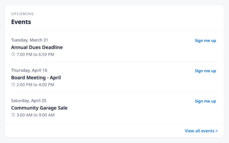 The Upcoming Events card showing three events with dates, times, and RSVP buttons.