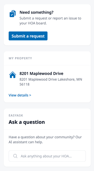 The sidebar showing Submit a Request, My Property, and EasyAsk cards stacked vertically.
