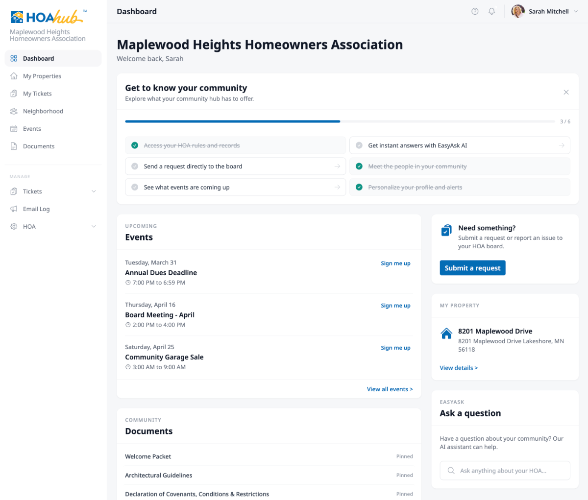 The HOA Hub dashboard showing the community name, welcome greeting, Getting Started checklist, upcoming events, and sidebar actions.