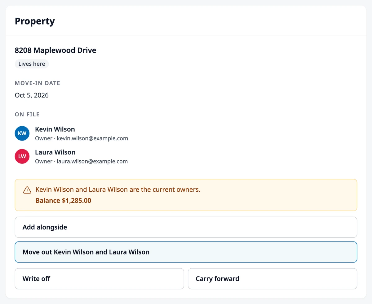 The Property card of a request for a home with two current owners and a balance, with Move out selected and the Write off and Carry forward choices below it.