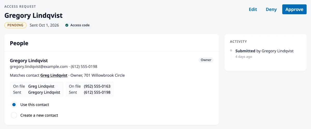 An access request sent with an access code, matching an existing contact, with the name and phone differences shown as On file and Sent, and the Activity card beside it.