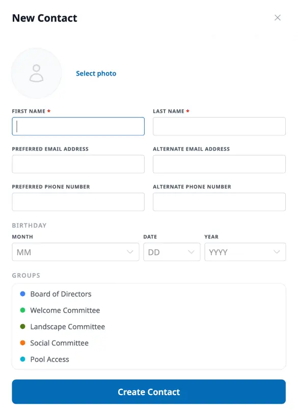 The New Contact drawer showing name fields, email and phone fields, birthday selectors, group checkboxes with colored dots, and the Create Contact button.