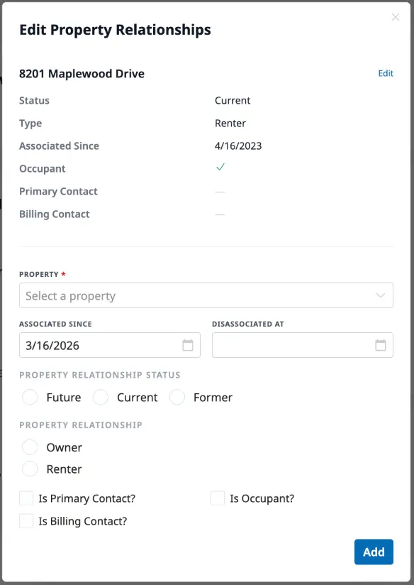 The Edit Property Relationships modal showing an existing property relationship and the form to add a new one with status, relationship type, contact role checkboxes, and date fields.