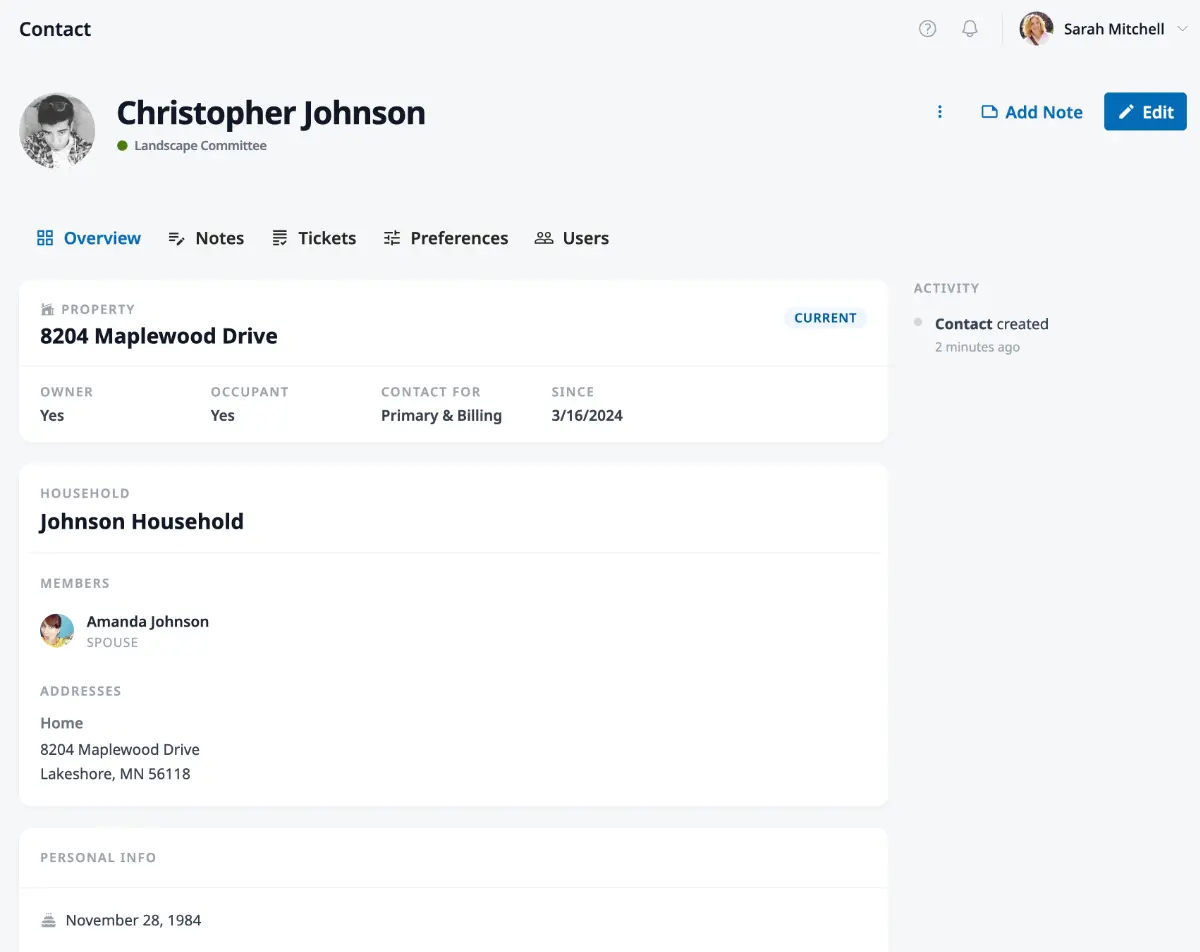 The contact detail page showing the header with name, photo, and group tag, the Overview tab with a property card, household section, and the activity log sidebar.