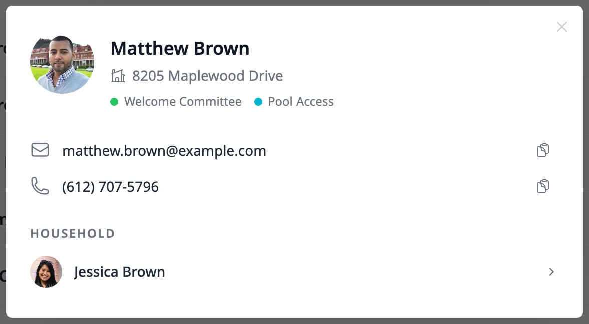 A contact card showing a photo, name, property, two groups, an email address and a phone number with copy icons, and one household member.