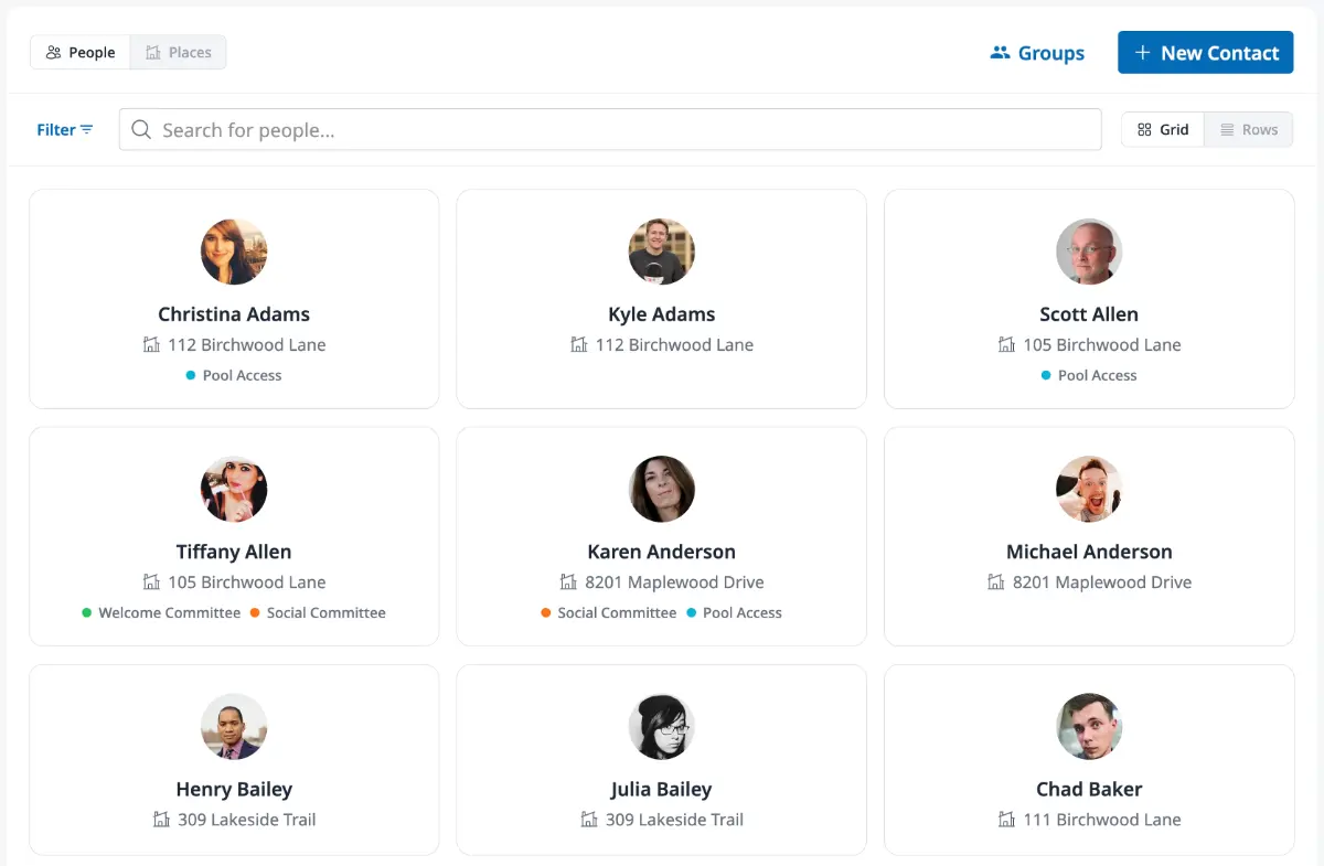 The Neighborhood page in People mode showing a grid of contact cards with avatars, names, property addresses, and group tags with colored dots.