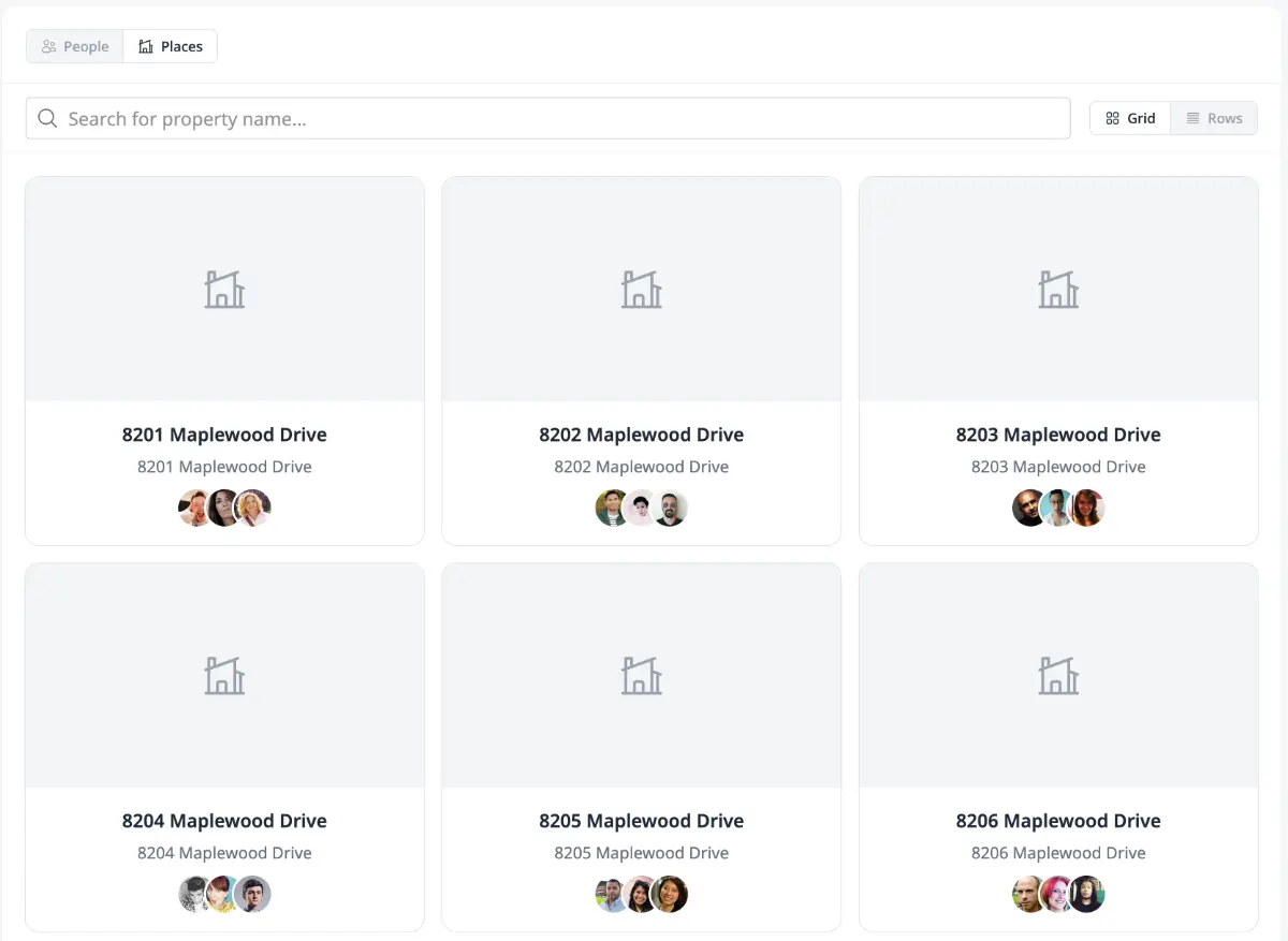 The Neighborhood page in Places mode showing a grid of property cards with names, addresses, and resident avatars.