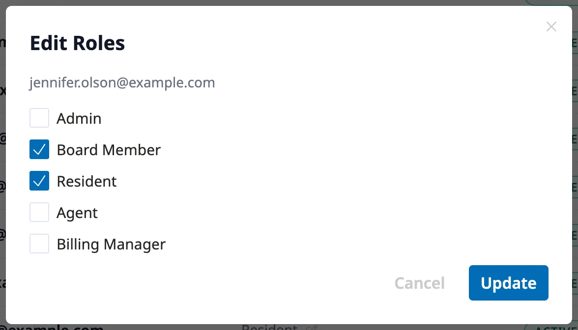 The Edit Roles dialog for one user, with Board Member and Resident checked and Admin, Agent, and Billing Manager unchecked.