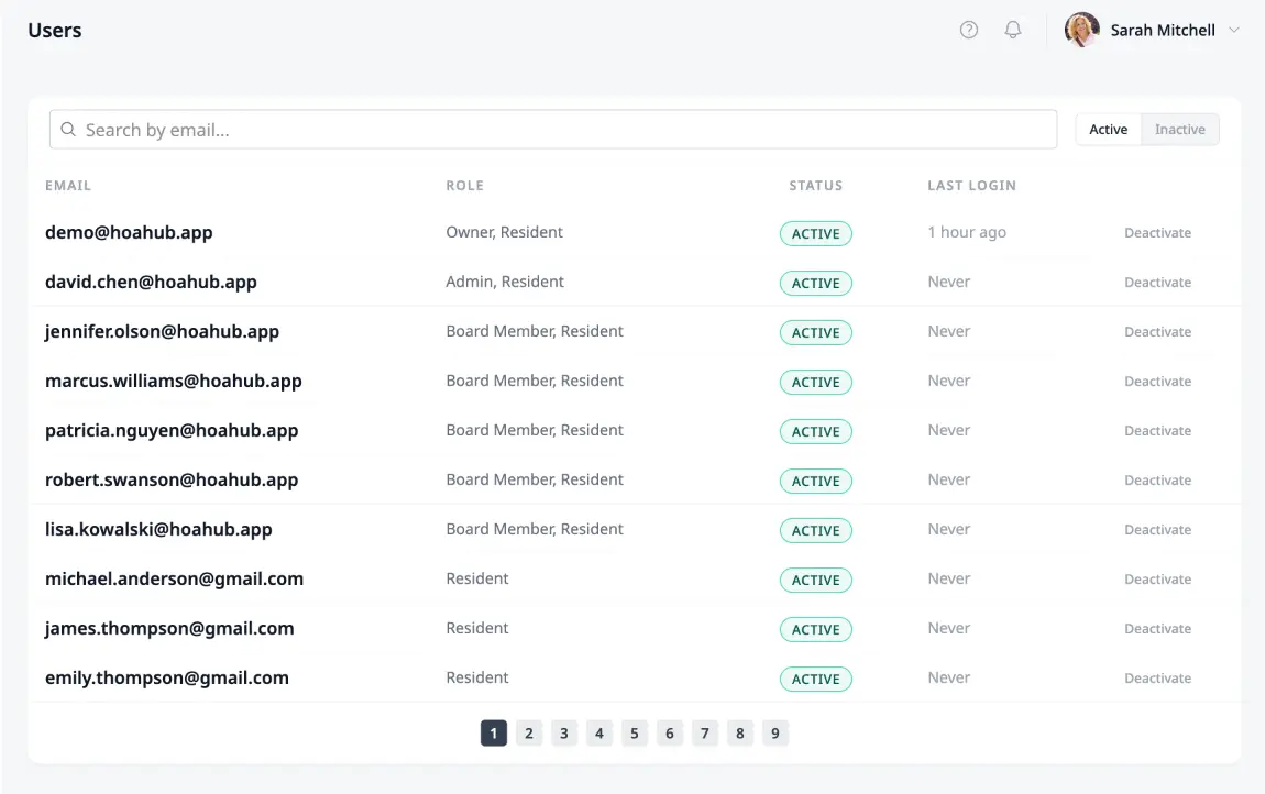 The Users page showing a table of users with Email, Role, Status, and Last Login columns, plus a search bar and Active/Inactive toggle.