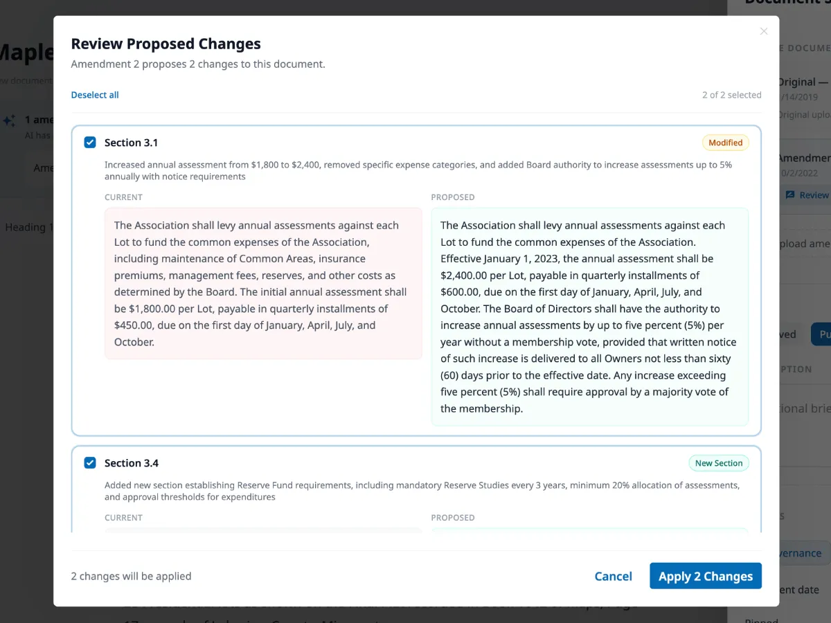 The amendment review modal showing a list of proposed changes with checkboxes, section names, change type badges, and side-by-side diff panels showing current text on the left and proposed text on the right.