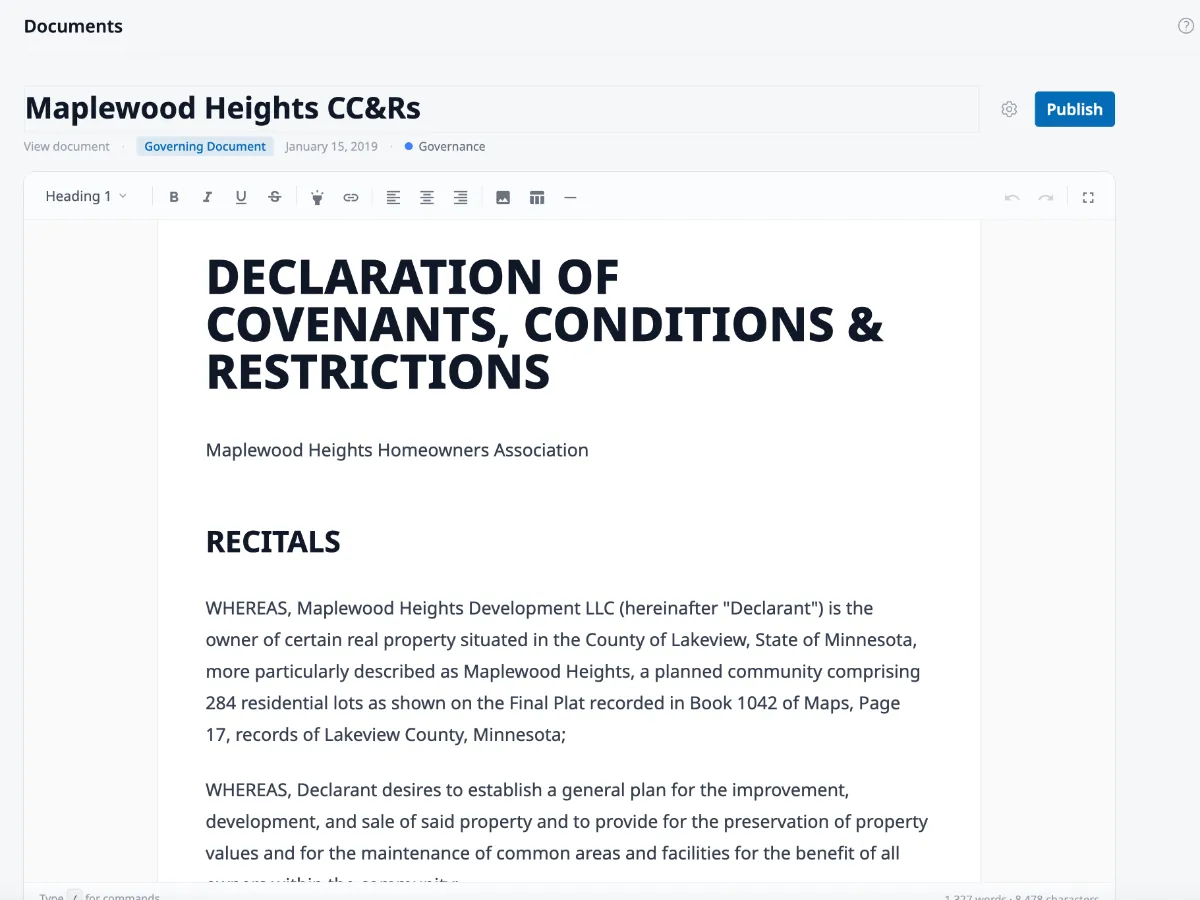 The document view page showing the title with a Governing badge, publication date, collection tags, the secondary action bar with Version history and Source documents links, and the formatted content below.