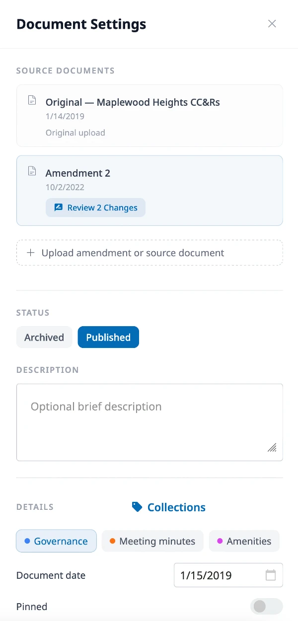 The document settings drawer showing sections for Source Documents, Status, Description, Details with collection pills, Access toggles, and Pinned toggle.