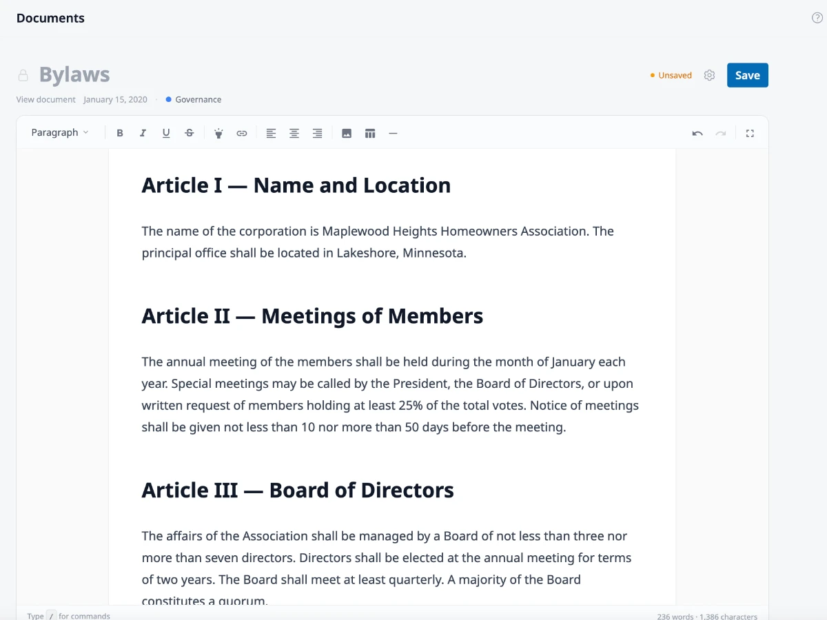 The document editor workspace showing the inline editable title at the top, the Unsaved changes indicator, gear icon, and Publish button in the title bar, metadata line with Governing badge and collection tags, and the rich text editor with its persistent toolbar below.