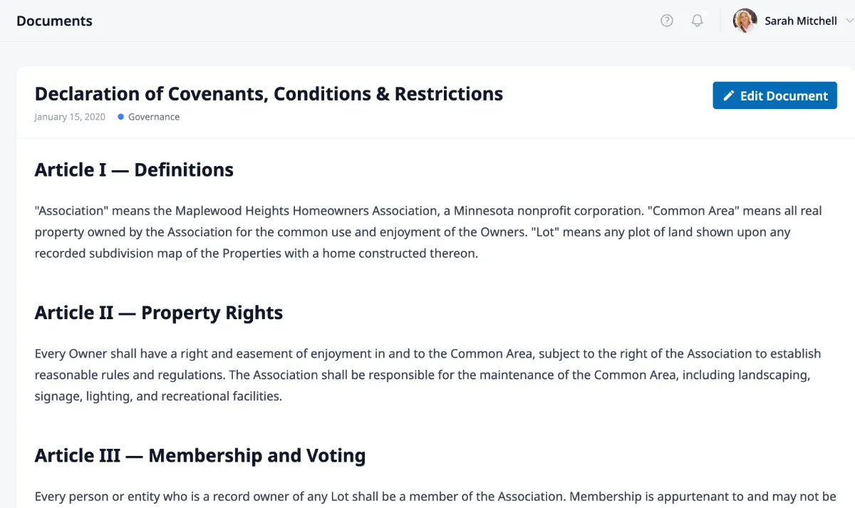 A document view page showing the document name, publication date, collection tag, formatted content, and the Edit Document button.