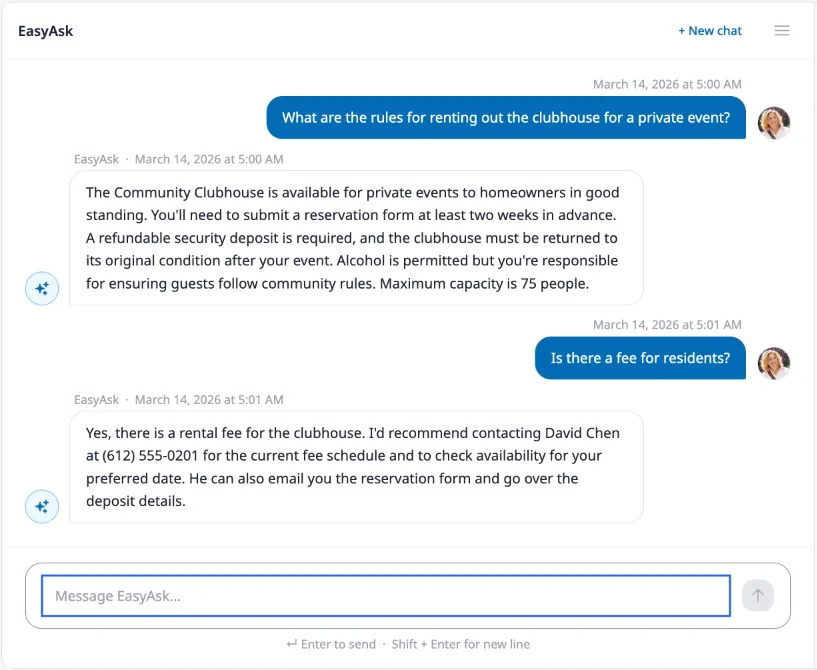An EasyAsk conversation showing a user question, a detailed AI response, a follow-up question, and another response.