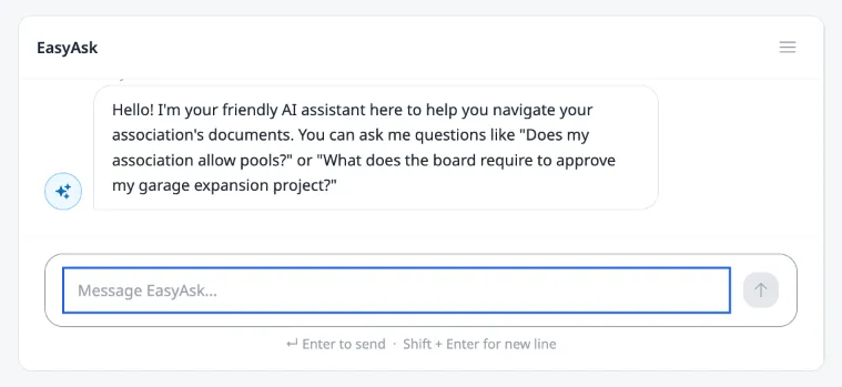 The EasyAsk chat interface showing the welcome message with example questions and the message input area.