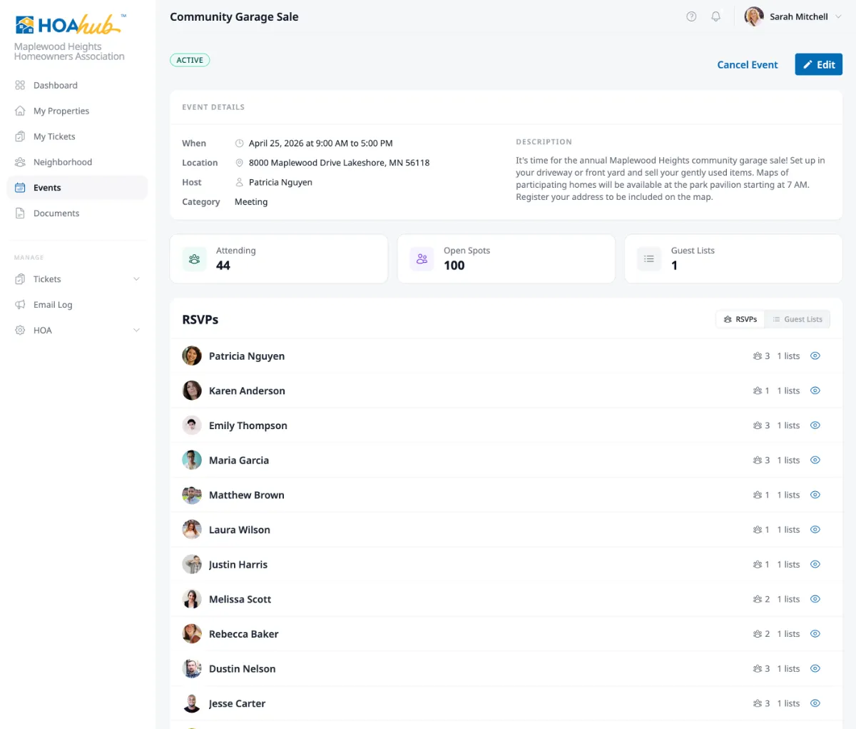 The event detail page showing the Active status badge, Edit and Cancel buttons, event details, description, and the Attending, Open Spots, and Guest Lists stats cards.