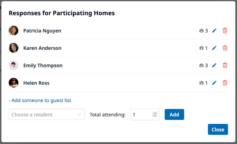 The guest list responses modal showing guest names with attendance counts and the Add someone to guest list form at the bottom.