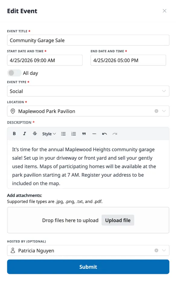 The event form showing all fields: title, start and end dates, event type, location, rich text description, file attachments, host, and the Submit button.
