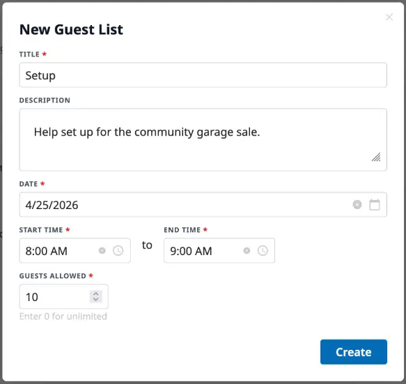 The New Guest List modal with title, description, date, start and end times, guests allowed, and the Create button.