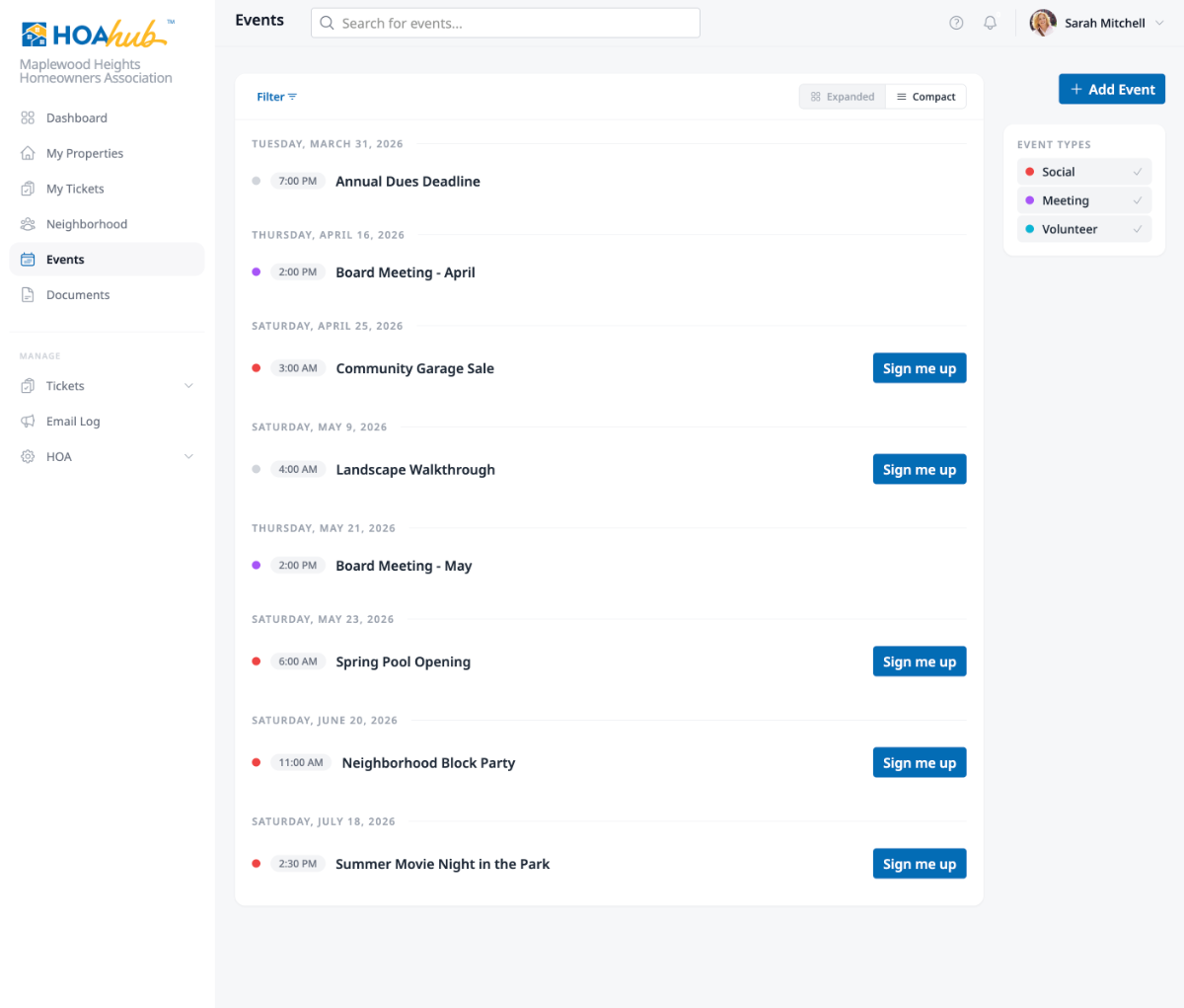 The Events page in compact view showing events grouped by date with the search bar, filter controls, view toggle, and Event Types sidebar.