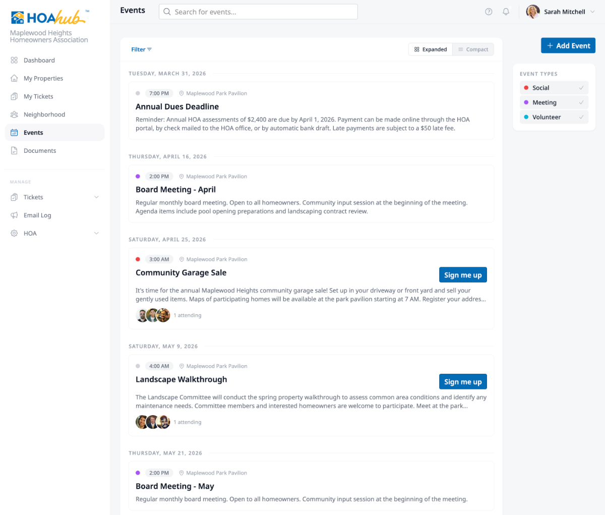 The Events page in expanded view showing event descriptions, locations, and attendee avatars.