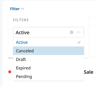 The Filter dropdown expanded showing status options: Active, Cancelled, Draft, Expired, and Pending.