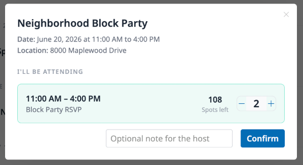 The RSVP modal showing the event name, date, location, a guest list with spots remaining and a counter set to 2, an optional note field, and the Confirm button.