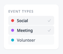 The Event Types sidebar showing Social, Meeting, and Volunteer types with colored dots and checkmarks for selected types.