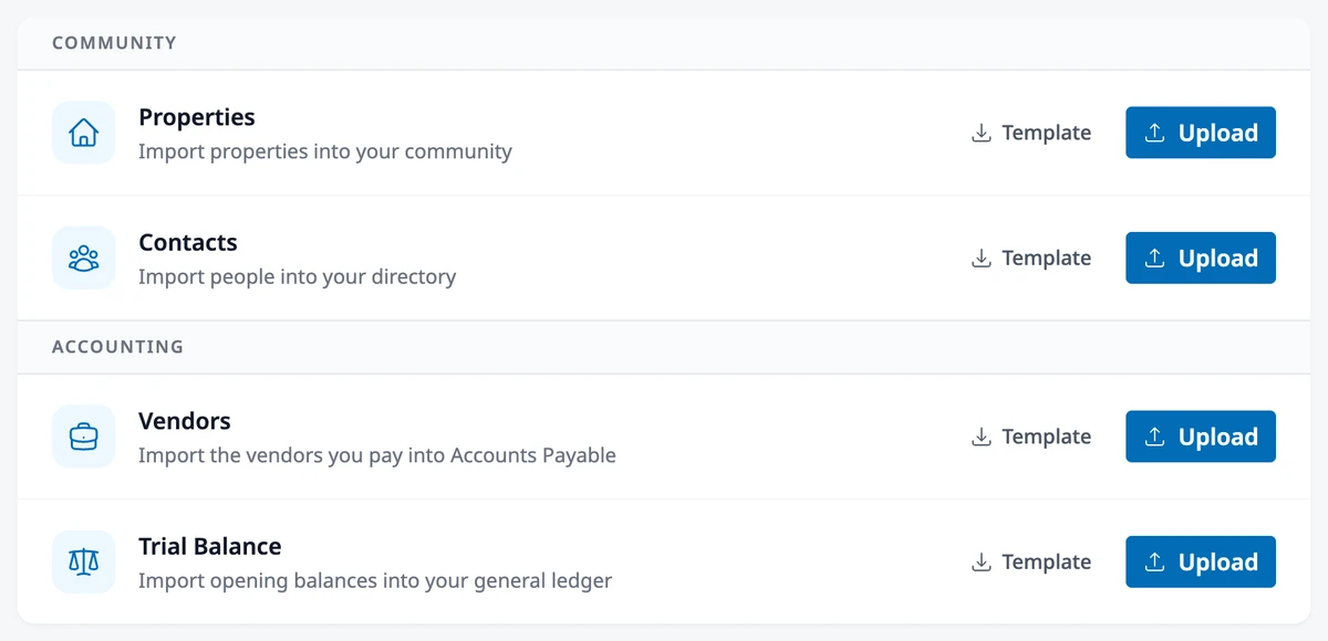 The New Import page listing Properties and Contacts under Community and Vendors and Trial Balance under Accounting, each with a Template link and an Upload button.