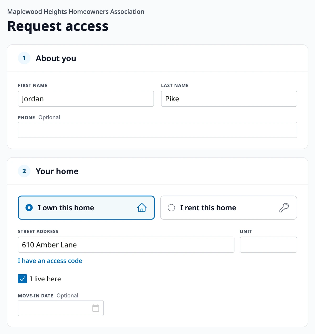The top of the request form, with the name filled in under About you, and I own this home selected and a suggested street address picked under Your home.