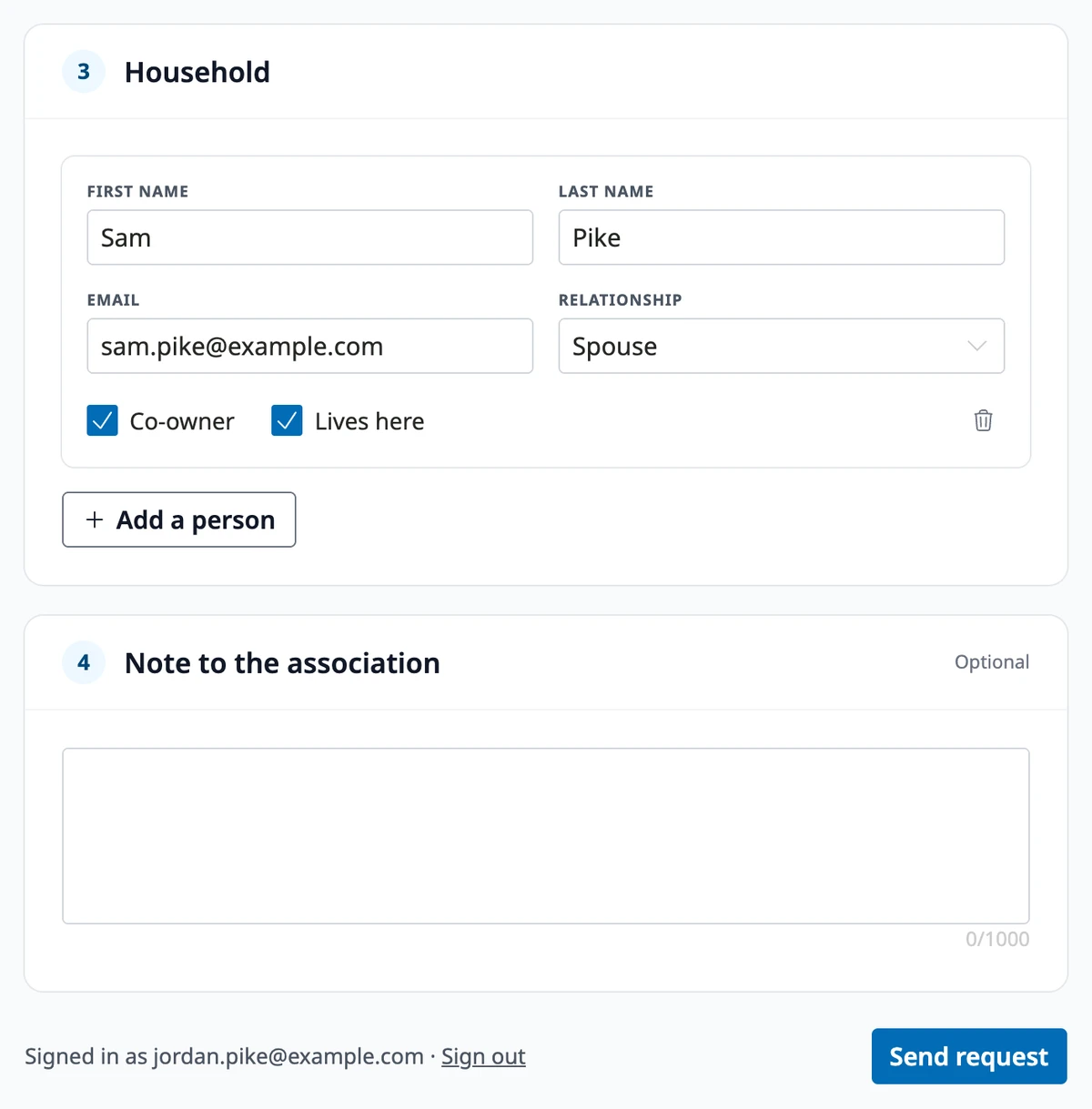 The Household section with one person added as a co-owner who lives at the address, the note field, and the Send request button.